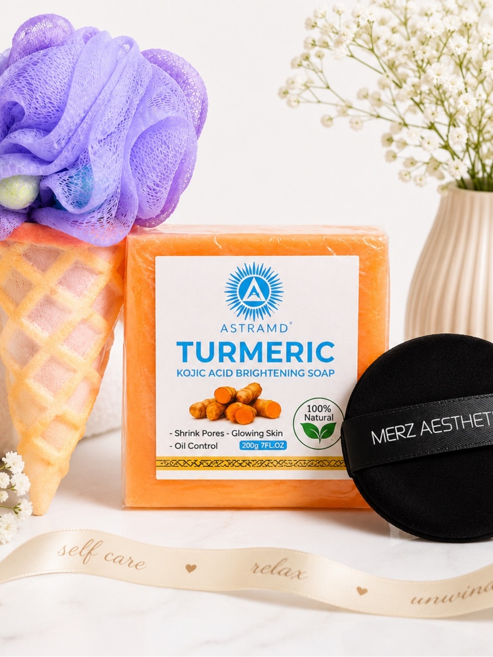 ASTRA MD Turmeric Kojic Acid Soap Spa Gift Set Loofah + Powder Puff